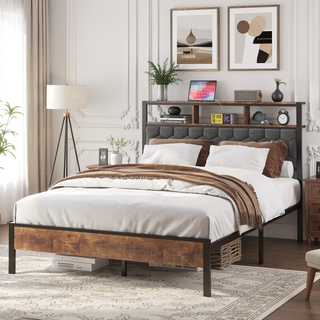 Sunvega Queen Bed Frame with Vintage Shelf Headboard and USB Charging Station