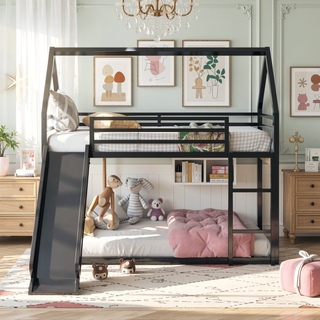 Sunvega Twin over Twin House Bunk Bed with Ladder and Slide in White