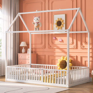 Sunvega White Twin Size Metal House Bed with Fence and Door for Kids