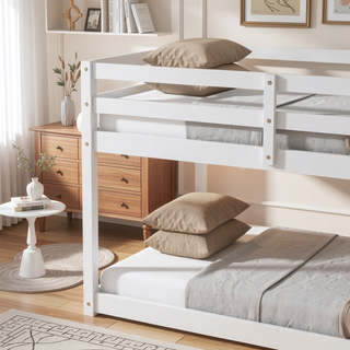 Sunvega Twin over Twin Floor Bunk Bed with Ladder and Strengthened Slats in Espresso