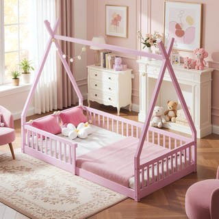 Sunvega White Distressed Washed Wood House Bed with Fence for Kids Twin Size