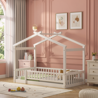Sunvega Full Size House Bed Frame with Playhouse Fence and Roof for Kids