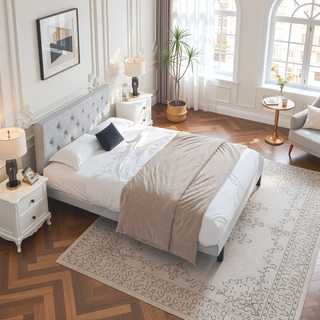 Sunvega Modern Upholstered Platform Bed Frame with Button Tufted Linen Headboard