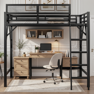 Sunvega Full Metal Loft Bed with Storage Shelf and Ladder for Kids Teens