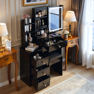 Sunvega Small Size Left Bedside Cabinet Vanity Table with Cushioned Stool and LED Mirror