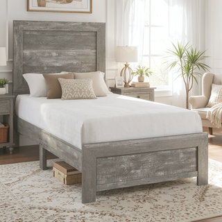 Sunvega Rustic Gray Finish Twin Size Panel Bed with Headboard and Footboard