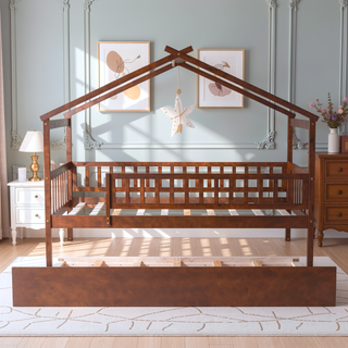 Sunvega Twin Size Wooden House Bed with Trundle and Headboard in Walnut