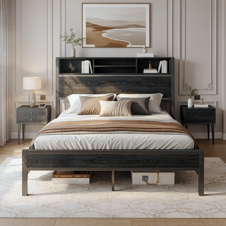 Sunvega Twin Size Bed Frame with Storage Headboard, Charging Station, and Bookcase