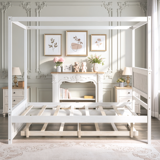 Sunvega Modern Wooden Canopy Bed with Trundle and Brushed White Finish