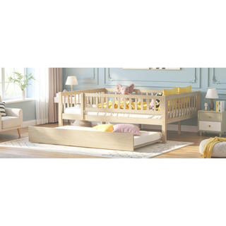 Sunvega Natural Twin Size Wood Daybed with Trundle and Fence Guardrails