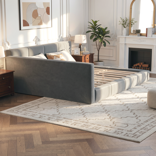 Sunvega Stylish Gray Upholstered King Bed with Faux Leather and Wood Frame