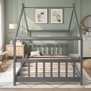Sunvega Full Size Playhouse Design Wood Bed with Roof for Kids Room