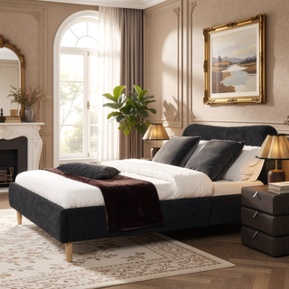 Sunvega King Upholstered Platform Bed with Curved Headboard in Oatmeal Chenille