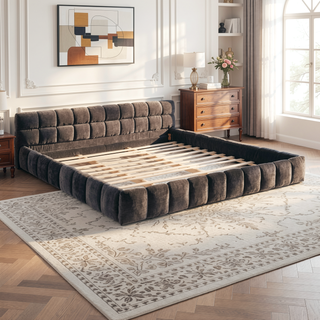 Sunvega Grounded California King Upholstered Bed Frame with Soft Chenille Fabric Headboard