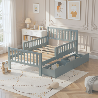 Sunvega Twin Size Walnut Wood Platform Bed with Guardrails and Two Storage Drawers
