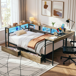 Sunvega Twin Corner Bed Frame with Bookcase Storage Drawers LED Lights Charging
