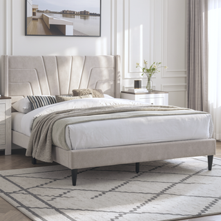 Sunvega Light Brown Queen Size Upholstered Burlap Fabric Headboard Platform Bed