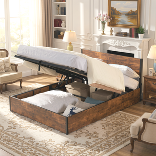 Sunvega Full Size Lift Up Storage Bed Frame with Bookcase Headboard and LED Lights