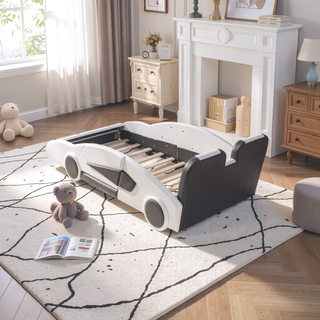 Sunvega Twin Size White Race Car Platform Bed with Wheels for Kids Bedroom