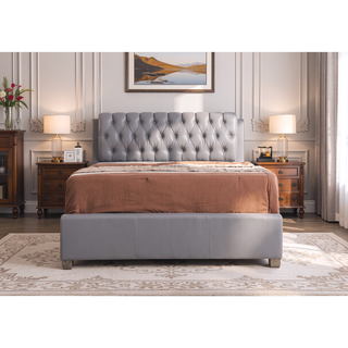 Sunvega Stylish Full Bed Frame in Light Grey Finish for Contemporary Bedroom Decor