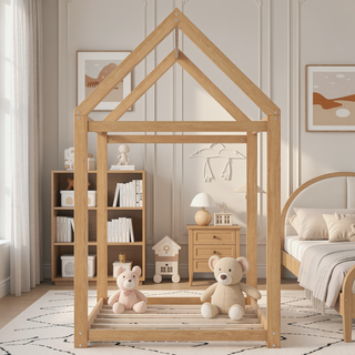 Sunvega Twin Size Gray Wooden House Bed with Eaves Design for Kids Room