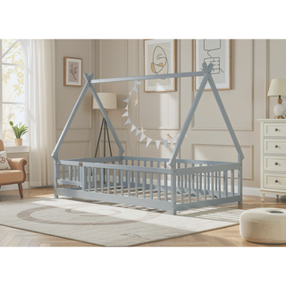 Sunvega Twin Tent Teepee Bed with Guardrails Slats and Door in Grey