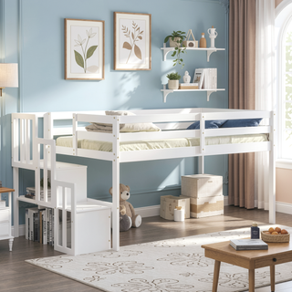 Sunvega Grey Pine Wood Loft Bed with Staircase and Storage Steps