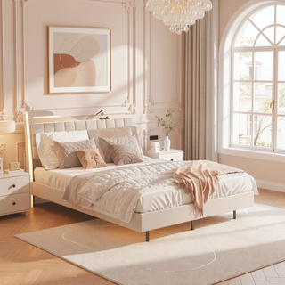 Sunvega King Floating Bed Frame with LED Light and Charging Station Upholstered Platform