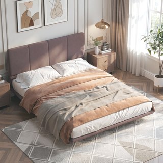 Sunvega Floating Bed Frame with Modern PU Leather Upholstery and Remote LED Lights Queen Size