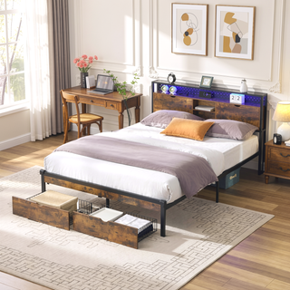 Sunvega Queen Size Metal Platform Bed Frame with Wooden Headboard and Footboard with USB Charging Station and 2 Drawers