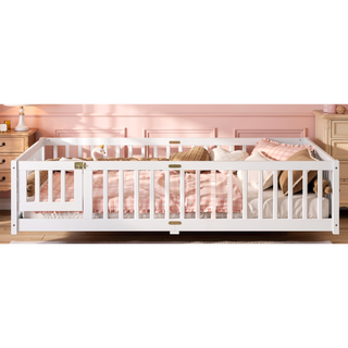 Sunvega Twin Size Floor Bed with Safety Guardrails and Door for Kids in Natural