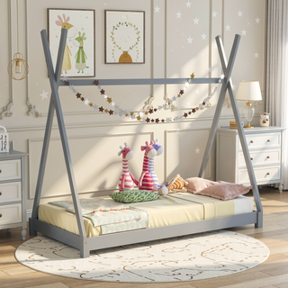 Sunvega Twin Size House Platform Bed with Triangle Structure in Gray