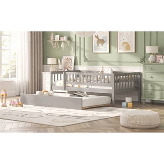 Sunvega Natural Twin Size Wood Daybed with Trundle and Fence Guardrails