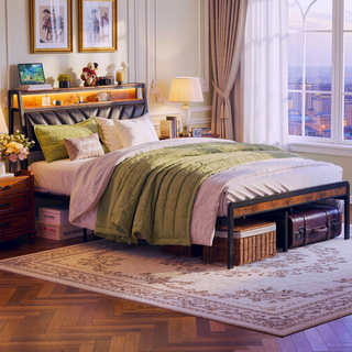 Sunvega Full Size Platform Bed Frame with 105-Degree Tilted Upholstered Headboard and RGB LED Lights