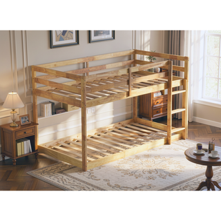 Sunvega Twin over Twin Solid Wooden Bunk Bed with Ladder and Strengthened Slats