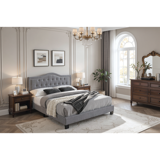 Sunvega European Queen Size Bed with Button Tufted Headboard and Charcoal Finish