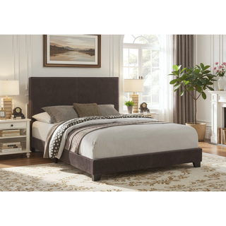 Sunvega Queen Size Upholstered Bed in Soft Dark Brown Leather-Look Material