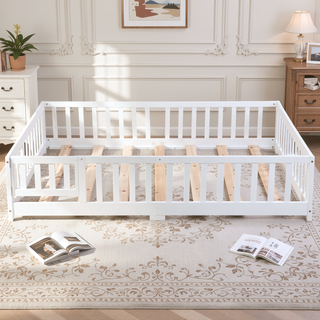 Sunvega Full Size Pine Wood Floor Bed with Safety Guardrails and Door