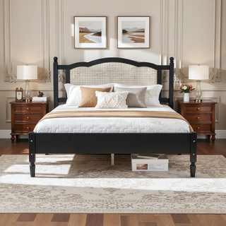 Sunvega Queen Size Wooden Platform Bed with Natural Rattan Headboard and Wooden Slat Support
