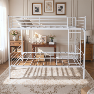 Sunvega Sturdy Twin over Twin Metal Bunk Bed Frame with Ladder and Vintage Headboard