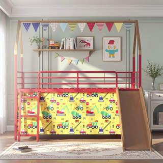 Sunvega Marvel Superhero Metal Twin Loft Bed with Slide and Curtain Set