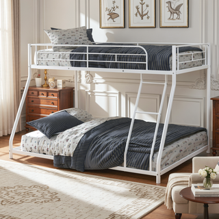 Sunvega Contemporary Style White Metal Twin Over Full Bunk Bed With Angled Ladder