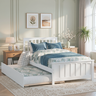 Sunvega White Twin Size Wood Platform Bed with Trundle for Maximized Space