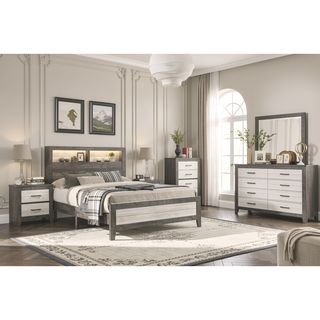 Sunvega King Size Platform Storage Bed with Plank-style Headboard and Built-in Lighting