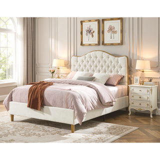 Sunvega Upholstered Queen Bed Frame with Tufted Headboard and Curved Design
