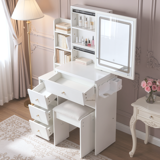 Sunvega Small Space Left Bedside Cabinet Vanity Table with Cushioned Stool and Sliding Mirror