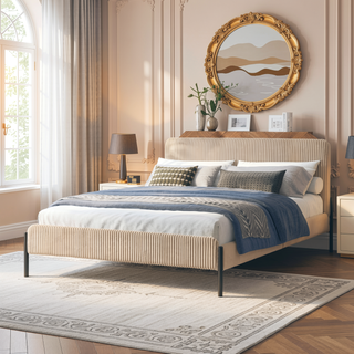 Sunvega Queen Upholstered Bed with Channeled Headboard and Sturdy Metal Frame