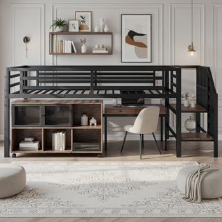 Sunvega Low Twin Metal Loft Bed with Stairs and 6 Rolling Storage Cubbies for Kids