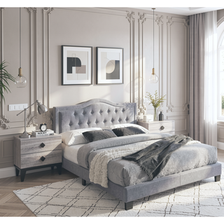Sunvega European Queen Size Bed with Button Tufted Headboard and Charcoal Finish