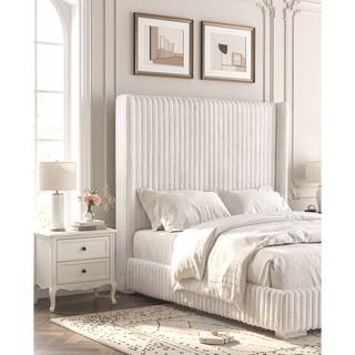 Sunvega Contemporary White Fur Chenille Fabric Mattress Ready Queen Size Bed
